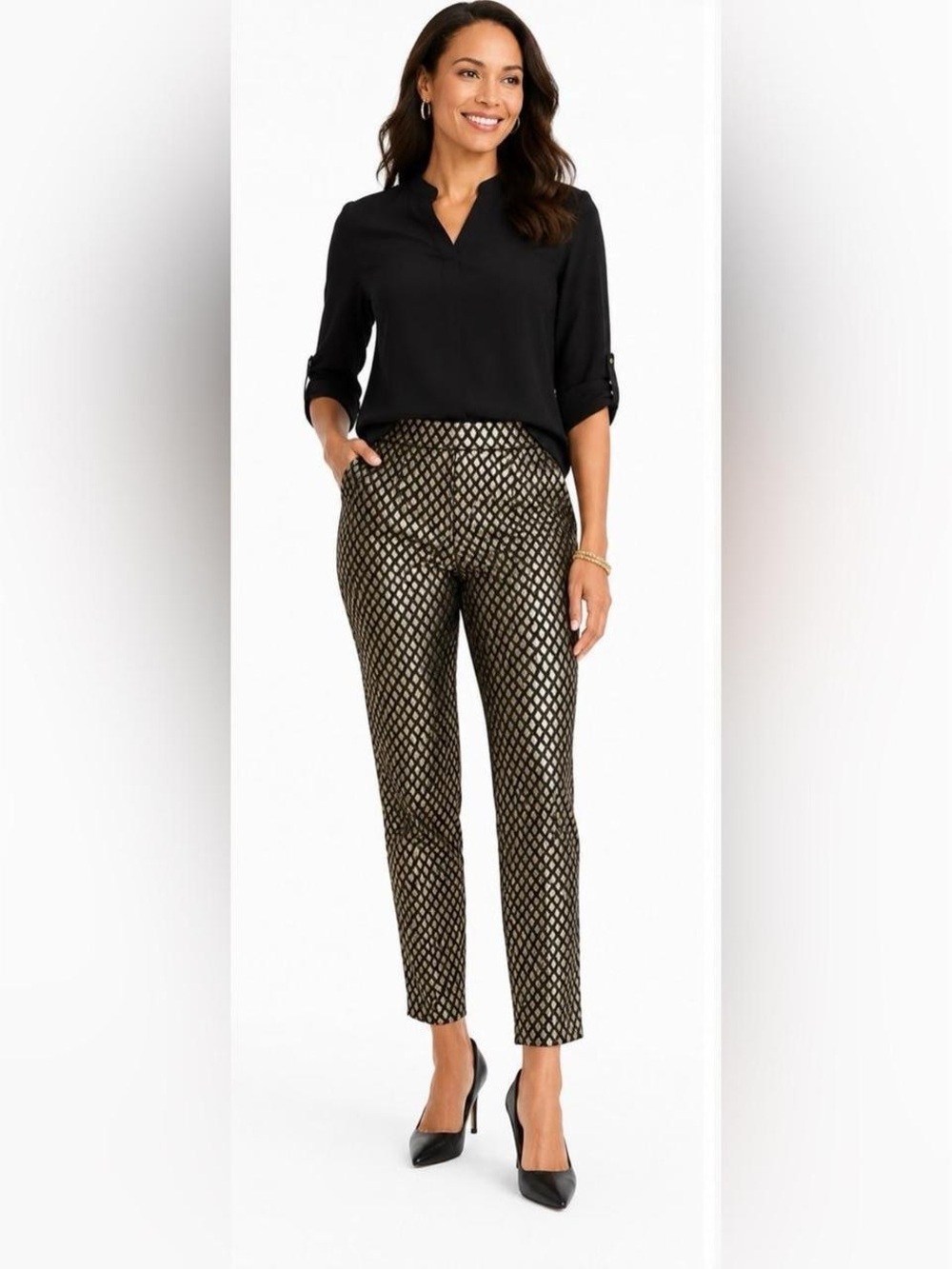 NWT CHICO'S Jacquard Ankle Dress Pants Gold Black Diamond Geo Holiday Sz 0 (S)